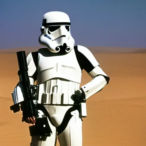 Prompt: close up of flik ( a bug's life ) best cosplay as a stormtrooper ( star wars ), holding a blaster in a still of star wars episode iv a new hope ( 1 9 7 7 ), by george lucas, tatooine dune sea background