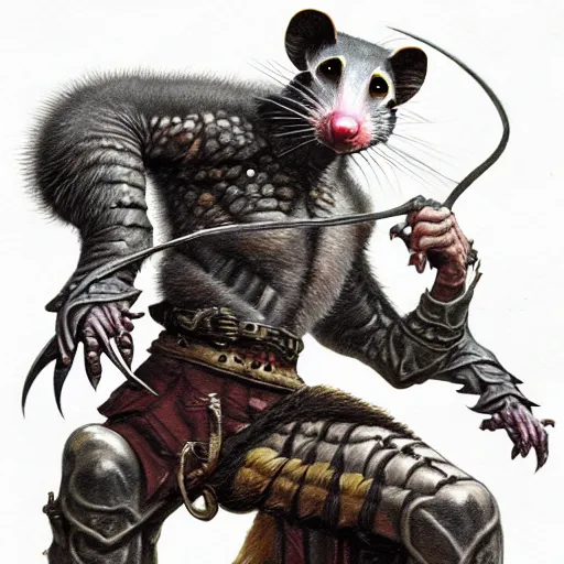 Prompt: humanoid opossum. The mood is weird. dungeons and dragons portrait. highly detailed, digital painting, artstation, concept art, sharp focus, illustration, art by Josh kirby and John romita jr and moebius