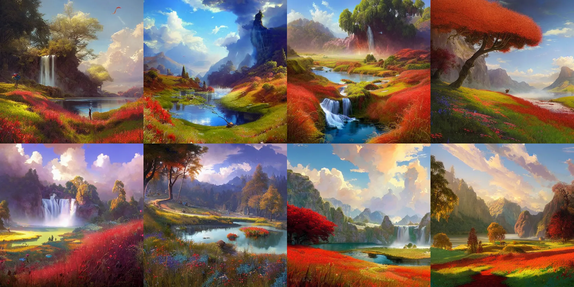 Prompt: a fantasy meadow with lake, river, and waterfall in the distance, patches of red grass, blue sky with colorful clouds, by stephan martiniere and andreas rocha and greg rutkowski