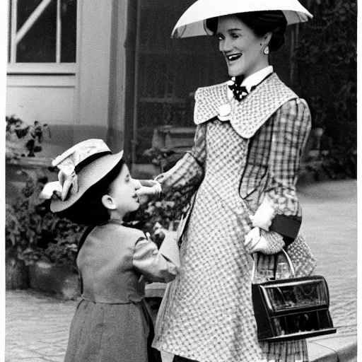 Prompt: Mary Poppins (played by Julie Andrews) handing children cigarettes and a zippo lighter, colorized