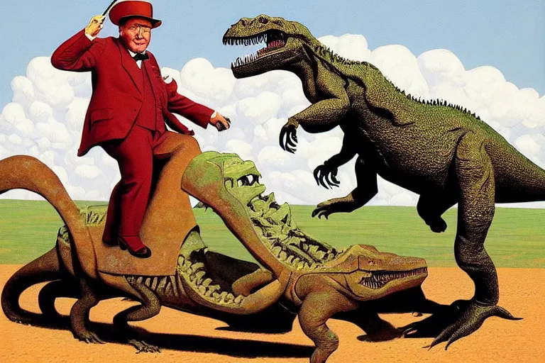 Image similar to Winston Churchill riding a T-Rex, painting by Jean Giraud and René Magritte and Gary Panter, claymation in octane