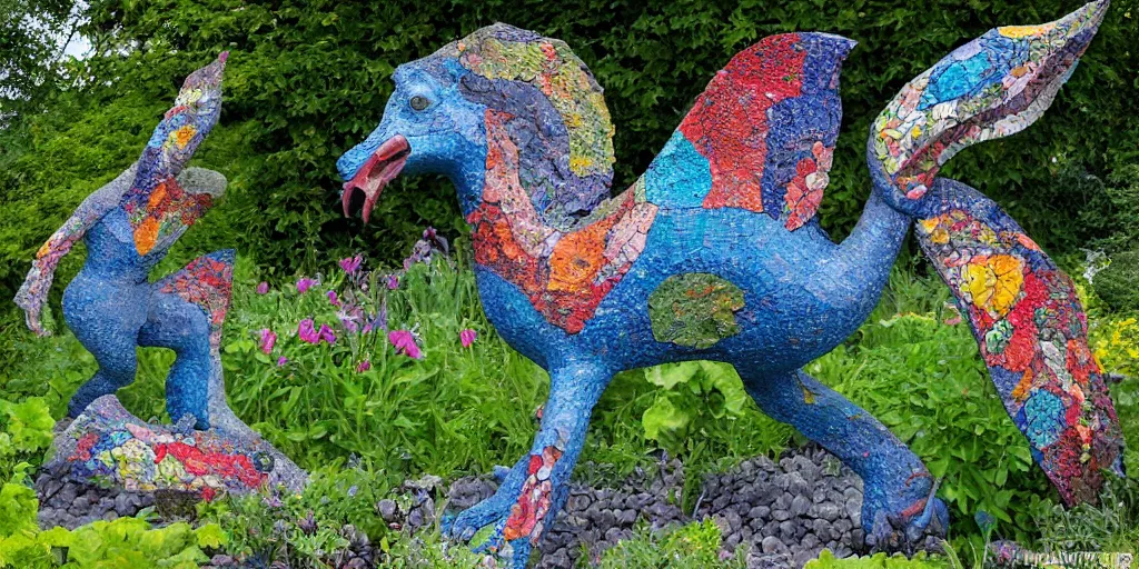 Image similar to folk art garden sculptures in an english cottage garden, cottagecore flower garden, concrete sculpture of a wyvern, colorful mosaic, sculpture by wouterina de raad!!!, art by james tellen, highly detailed, realistic anatomical proportions, textured hand built concrete sculpture, amazing concrete sculpture, 4 k