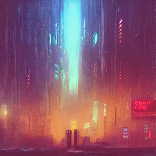 Image similar to huge cyberpunk dystopian megacity with lights and neon billboards, holograms, bladerunner and beksinski painting