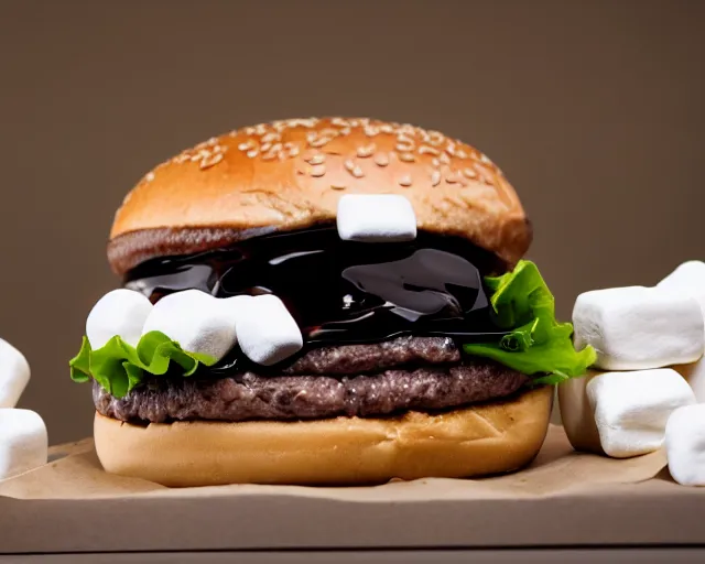 Image similar to dslr food photograph of burger with marshmallows in it, chocolate sauce, 8 5 mm f 1. 8