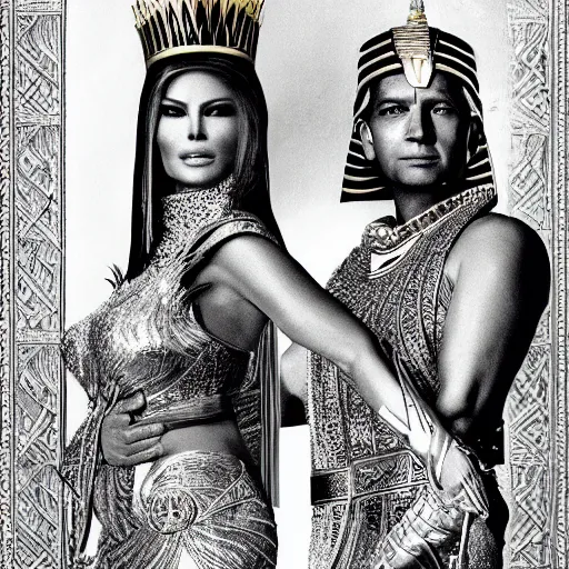 Image similar to donald and melania trump as egyptian king and queen, elegant, majestic, powerful, pyramids, anunaki, hieroglyphs, lush, rainforest, river, green, river god, wilbur smith, gold, trump tower