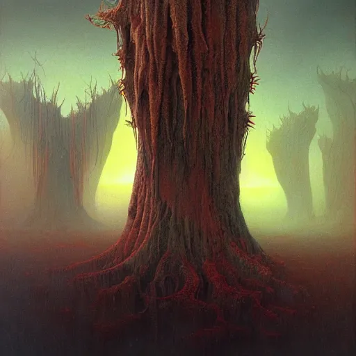 Prompt: a beautiful and ominous matte painting of an exotic alien planet with strange carnivorous plants, twisted bony trees, crashed spaceship submerged in fog beneath the setting sun by karol bak and beksinski and wayne barlowe, exquisite detail, post processing, sharp focus, deep colors