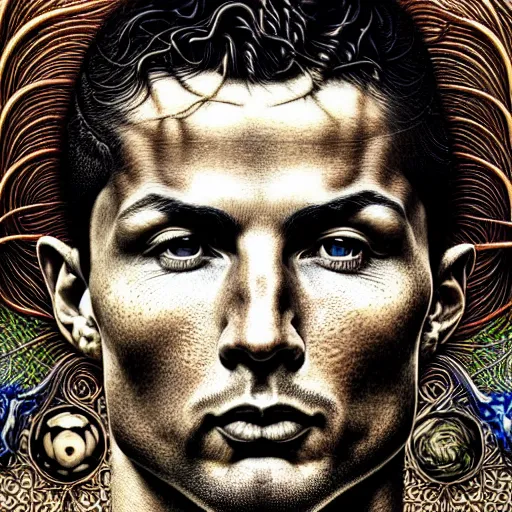 Prompt: detailed realistic beautiful cristiano ronaldo portrait by jean delville, gustave dore, iris van herpen and marco mazzoni, art forms of nature by ernst haeckel, art nouveau, symbolist, visionary, gothic, neo - gothic, pre - raphaelite, fractal lace, intricate alien botanicals, ai biodiversity, surreality, hyperdetailed ultrasharp octane render