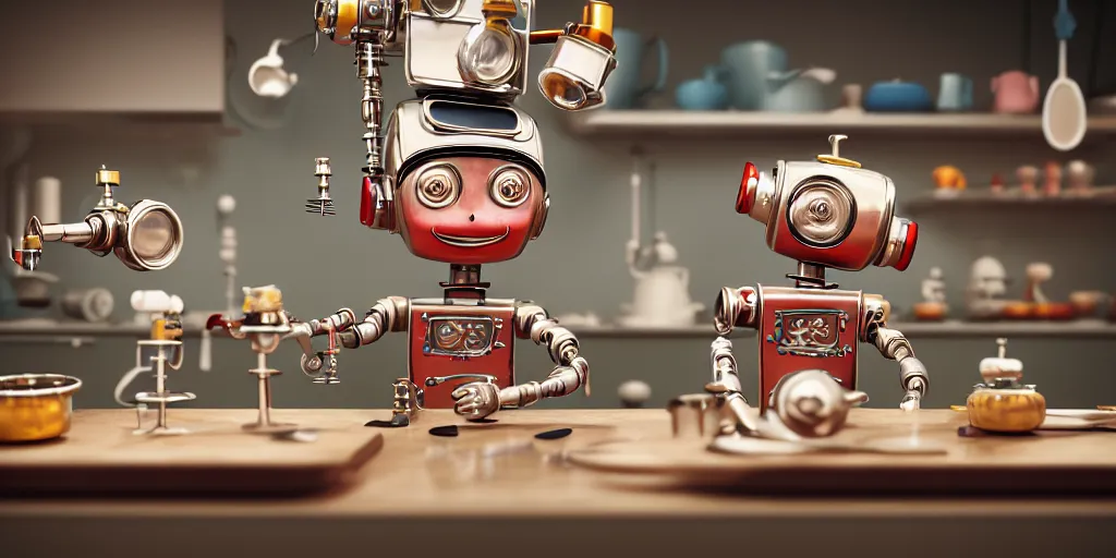 Image similar to closeup portrait of tin toy retro robot scientists cooking pastry in a kitchen, depth of field, zeiss lens, detailed, centered, fashion photoshoot, by nicoletta ceccoli, mark ryden, lostfish, breathtaking, 8 k resolution, extremely detailed, beautiful, establishing shot, artistic, hyperrealistic, octane render