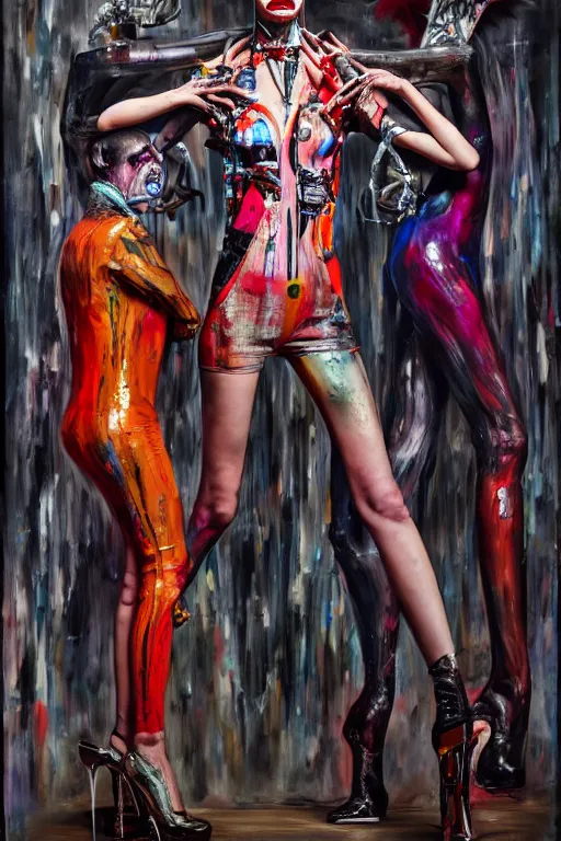 Image similar to crazy fashion catwalk, latex, constructivism, freak show, one model, crazy clothes, biopunk style, horror, hauntingly surreal, highly detailed painting by francis bacon, edward hopper, adrian ghenie, gerhard richter, and james jean 4 k