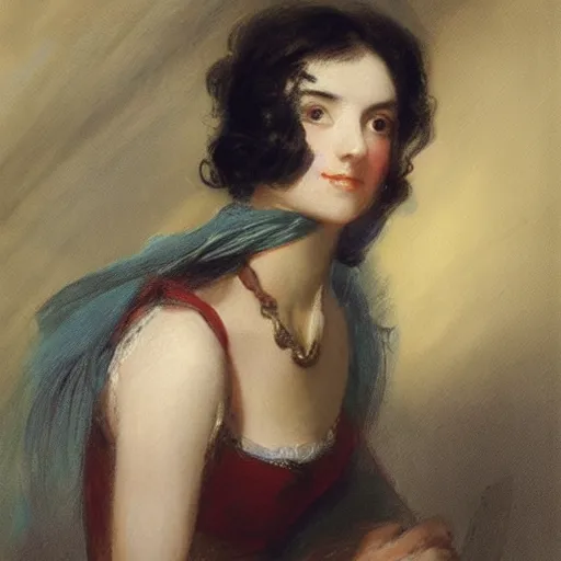 Image similar to Romanticism painting of a young woman with short dark hair painted in 1798 by Sir Thomas Lawrence