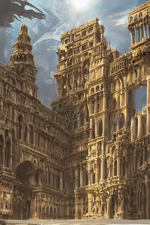 Image similar to gigantic palace, adorned pillars, towers, landscape, alex ross, neal Adams, david finch, concept art, matte painting, highly detailed, rule of thirds, dynamic lighting, cinematic, detailed, denoised, centerd