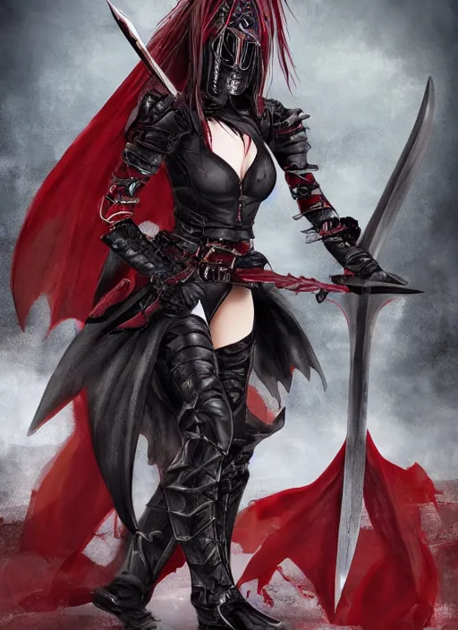 Image similar to female vampire knight, flying, barefoot, black plate armor, historical armor, good protection, monstrous mask, giant two - handed sword dripping blood, red wings, grinning, barefeet, detailed, realistic, dnd.