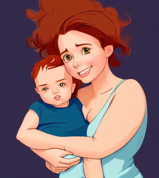 Image similar to a mother with short shoulder length auburn hair, short and curvy and a slightly chubby face holding her infant son with short brown hair full color digital illustration in the style of don bluth, artgerm, artstation trending, 4 k