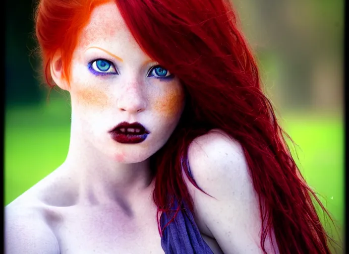 Image similar to award winning 8 5 mm close up face portrait photo of a redhead with maroon colored hair and perfect symmetrical blue human eyes in a park by luis royo.