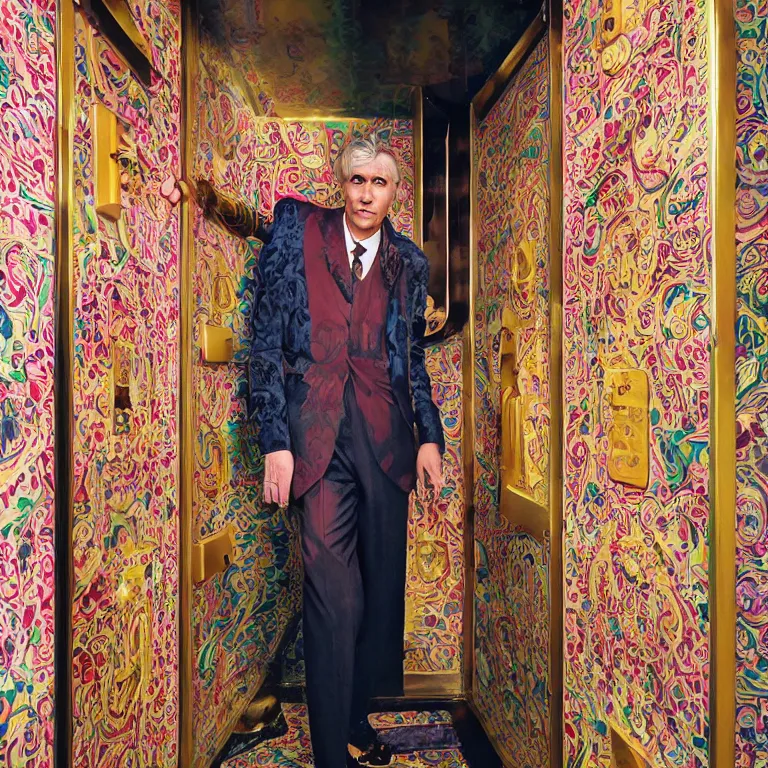 Prompt: vogue photoshoot octane render portrait by wayne barlow and carlo crivelli and glenn fabry, a handsome eccentric man in a bright colorful patterned pastel wes anderson elevator operator costume inside a dark and moody vintage elevator in a high - end exotic vintage boutique hotel, very short depth of field, bokeh