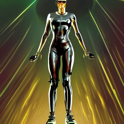 Prompt: Trinity the matrix, Female sprinter in athletic attire with cyborg legs, metal body, diesel punk, athletic footage, 1960's olympics, artstation, hyperdetailed, art deco stadium, painting by sargent