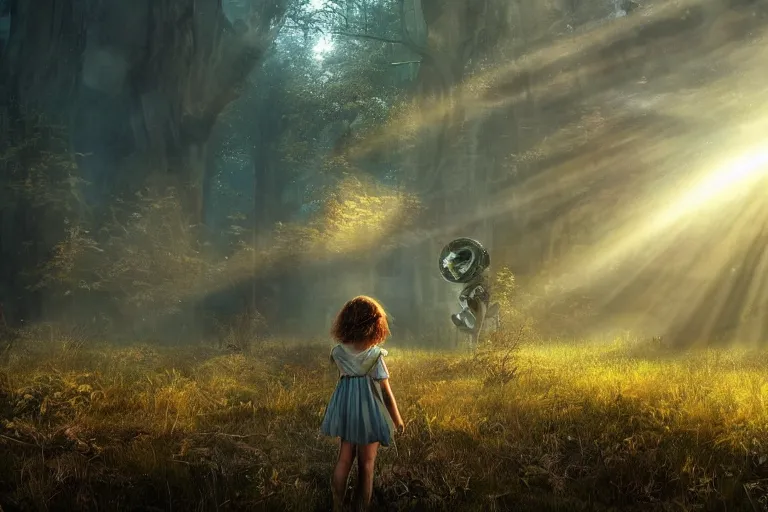 Image similar to the great beyond, sci - fi scene future new york, little girl holding a hand of a big robot, forest punk, crepuscular rays, epic scene, hyper realistic, photo realistic, overgrowth, cinematic atmosphere, ethereal lighting, style of john - waterhouse