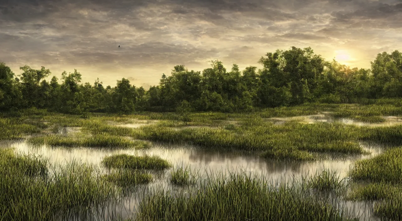 Image similar to majestic wetland landscape, high definition, high detail, 8k, photorealistic,