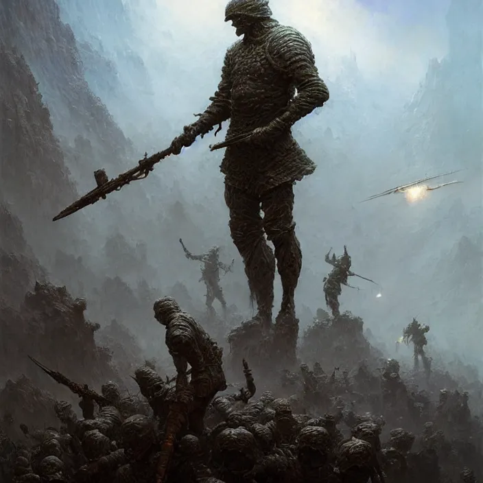 Image similar to 4k fantasy soldier ,art by zdzisław Beksiński, art by greg rutkowski, art by craig mullins, art by thomas kincade, art by Yoshitaka Amano