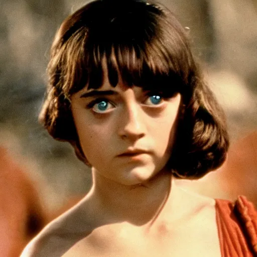 Prompt: still from campy old 70's movie Game of Thrones (1972) actress playing Arya Stark