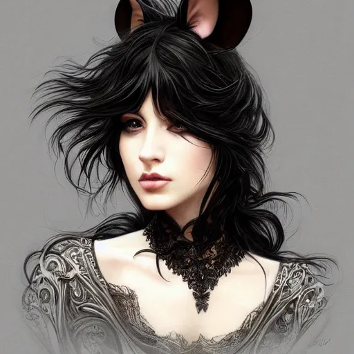 Image similar to a photograpic portrait of a anthropomorphic mouse wearing black clothes, black hair, fantasy, intricate, elegant, highly detailed, digital painting, artstation, concept art, smooth, sharp focus, illustration, art by artgerm and H R Giger and alphonse mucha