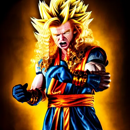 Image similar to uhd candid photo of hyperdetailed dave mustaine as a super saiyan. correct face, intricate costume, cinematic lighting, photo by annie leibowitz, and steve mccurry.