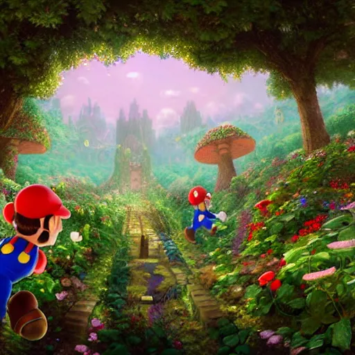 Prompt: A beautiful hyper detailed matte painting of a portrait of a mario, running through a hedge garden of exotic flowers in the Mushroom Kingdom, Mario Brothers Theme, Super Mario, giant mushrooms, and roses, from behind, streets, birds in the sky, sunlight and rays of light shining through trees, art by Ted Nasmith and Peter Mohrbacher, 4k unreal engine