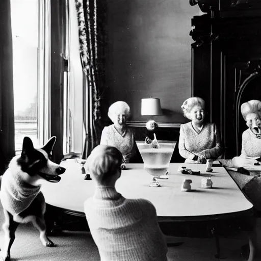 Image similar to historical photo of queen elizabeth having gin martinis with her corgis, the corgis are wearing sweaters, royal palace interior, natural sunlight, soft focus, highly detailed, depth of field
