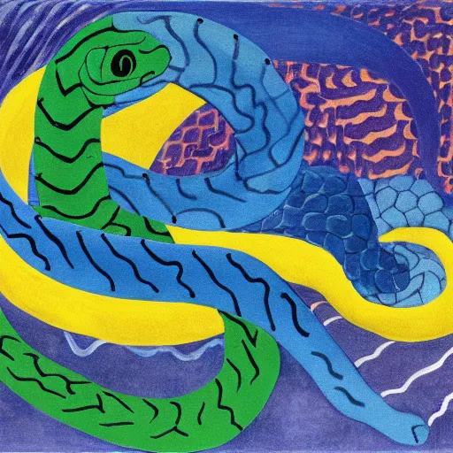 Image similar to ouroboros snake biting its own tail, tinted colours, highly detailed, award-winning painting in the style of Henri Matisse,