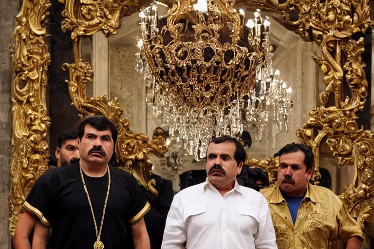 Image similar to el chapo standing in the middle of a grandiose mexican mansion. everything is made out of gold. el chapo is sipping on wine. the mansion is incredible and ornate. chapo has a clockwork chain.