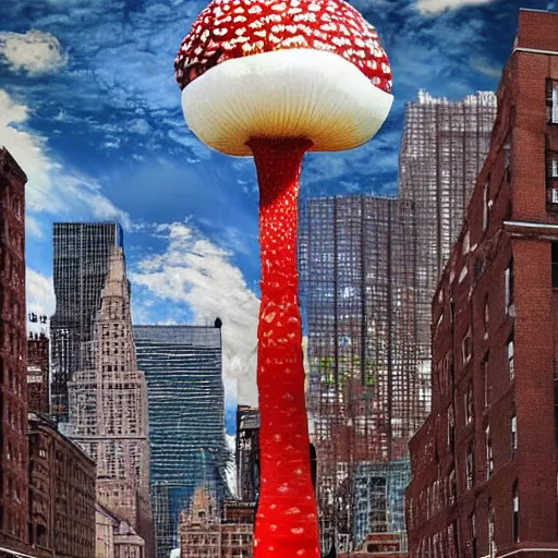 Image similar to a giant amanita muscaria in the mew York skyline, photorealistic