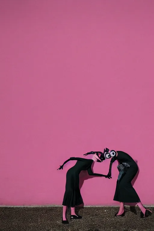 Image similar to a surreal portrait of intertwined and contorted figures wearing gas mask next to a pink wall in the style of brooke didonato, editorial fashion photography from vogue magazine, full shot, nikon d 8 1 0, ƒ / 2. 5, focal length : 8 5. 0 mm, exposure time : 1 / 8 0 0, iso : 2 0 0