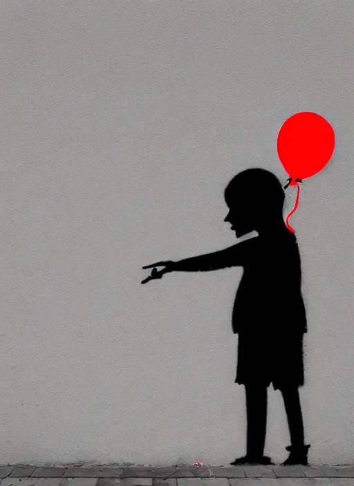 Image similar to a side profile of a black and white boy holding a single red balloon on a white concrete background in the style of Banksy, graffiti, digital art