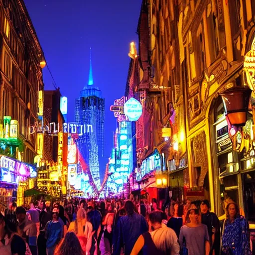 Image similar to glowing diverse groups of humans city nights, from behind, wide angle, elaborate, highly detailed, beautiful lighting