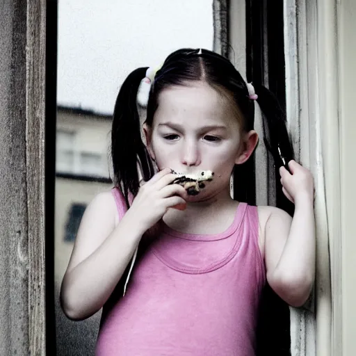 Image similar to a little girl with pigtails smoking a joint out of her rooms window, photography