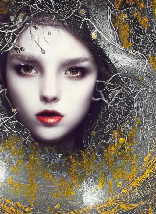 Image similar to white moon, glowing silver and golden elements, full close-up portrait, young female model from shutterstock as a dark witch, book cover, green forest, red lips, establishing shot, extremly high detail, photo-realistic, cinematic lighting, pen and ink, intricate line drawings, by Yoshitaka Amano, Ruan Jia, Kentaro Miura, Artgerm, post processed, concept art, artstation, matte painting, style by eddie, raphael lacoste, alex ross