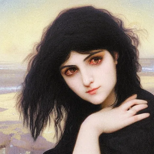 Image similar to 1 7 - year - old pale - skinned persian girl with black long bob cut, long bangs, black gothic jacket, black jeans, psychic girl, standing on cliff along the irish coast, overcast gray skies, ultra - realistic, sharp details, cold lighting, blue and gray colors, intricate details, art by william - adolphe bouguereau