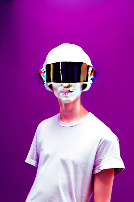 Image similar to a high definition film photograph of a normal androgynous robot human wearing a plain white t - shirt, in a pastel pink room. happy. metal visor covering eyes. metallic shiny gold coloured helmet. crushed shadows.