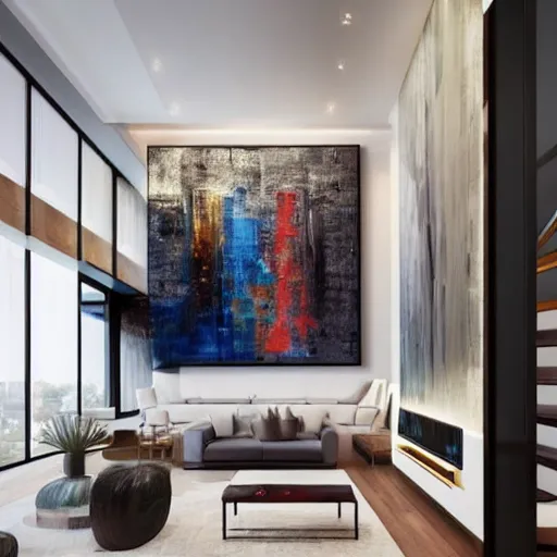 Image similar to mockup photo of luxury contemporary interior with large paintings for rich collectors, trending on pinterest, ultra - realistic sharp hdr cinematic lighting 8 k