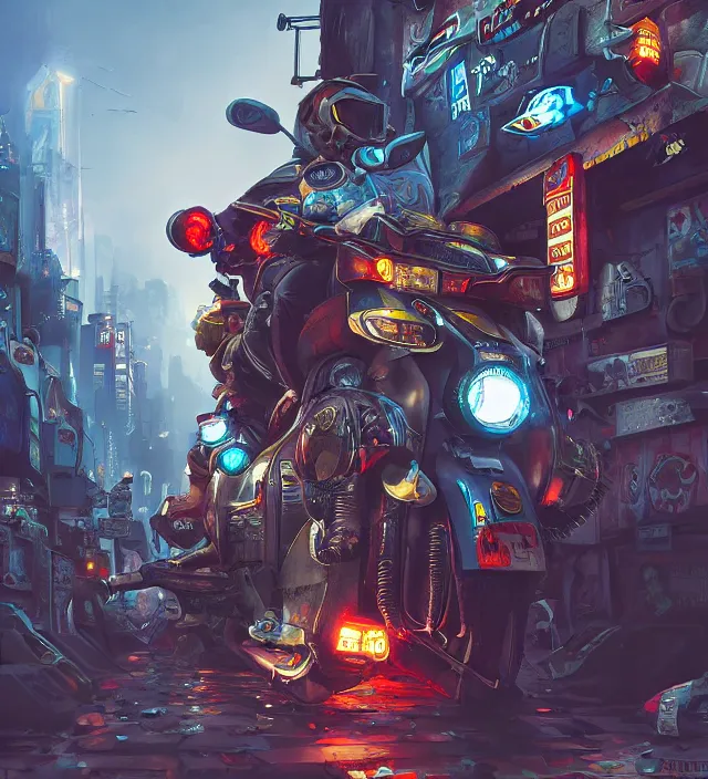 Image similar to Wonderland cyberpunk, Vespa, artstation, realistic, environments, 4k