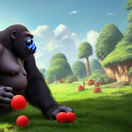 Image similar to a wholesome animation key shot of a gorilla holding a very small red mushroom, chilled out smirk on face, listening to music, jeep in background, studio ghibli, pixar and disney animation, sharp, rendered in unreal engine 5, anime key art by greg rutkowski, bloom, dramatic lighting