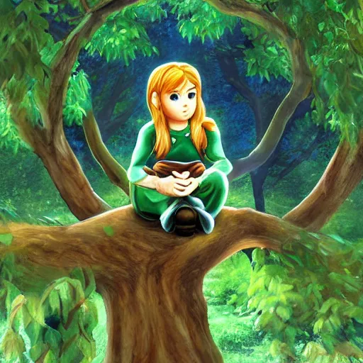 Prompt: Saria sits on a tree, Digital art, beautiful, ocarina of time