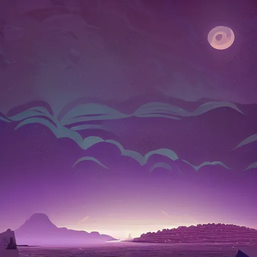 Image similar to sea under starry sky with reefs, light purple tones, animated film, stylised, illustration,, fantasy art, 2 d game art, by eyvind earle, scott wills, genndy tartakovski, roman shipunov, etienne hebinger, atey ghailan, cgsociety, cynical realism