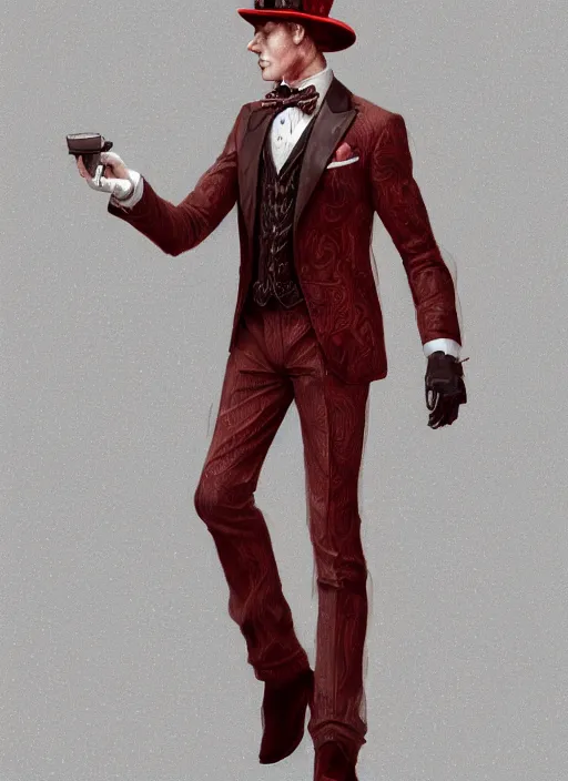 Prompt: a highly detailed illustration of stylish top hat wearing red haired attractive man, clean shaven, hyperdetailed face and eyes, wearing suit vest, nonchalantly leaning back pose, intricate, elegant, highly detailed, centered, digital painting, artstation, concept art, smooth, sharp focus, league of legends concept art, WLOP