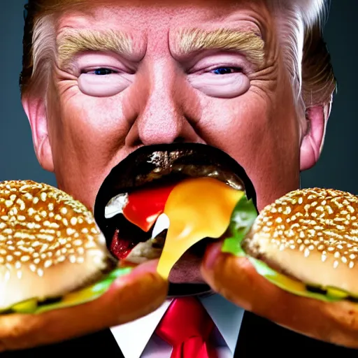 Image similar to macro photo still of donald trump! licking! a burger with his! tongue! out, mmmmm, studio portrait photo, studio lighting, rim light, key light, food photography, 3 5 mm f 1. 8