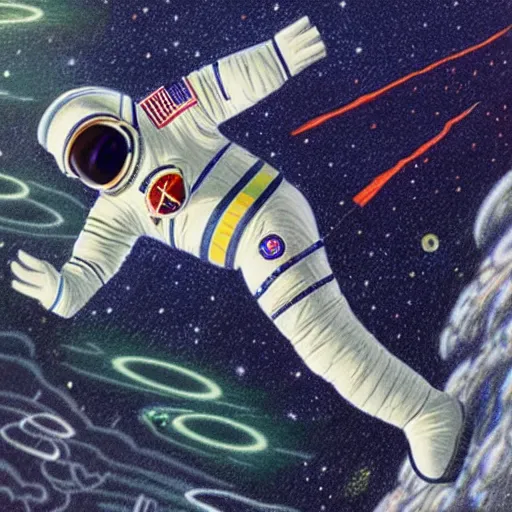 Image similar to highly detailed color pencil drawing of an astronaut drifting in space