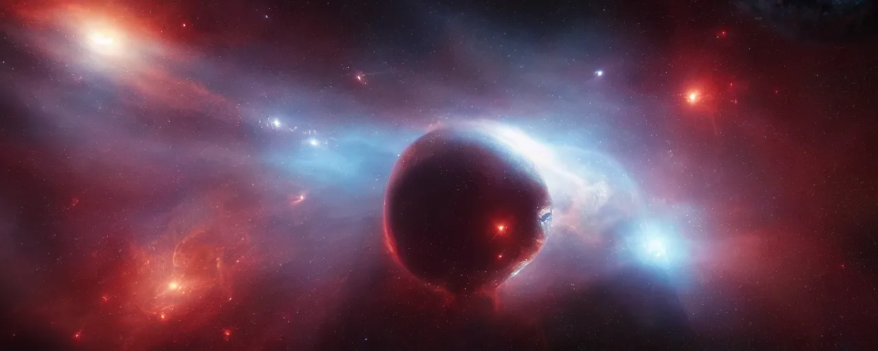 Image similar to movie still, thin horizontal nebula, a dark epic galaxy, space scene, cinematic color grading, unreal engine, octane render, detailed and intricate, global illumination, volumetric lighting, hubble telescope images, james webb telescope images, houdini fluid simulation, detailed and intricate environment