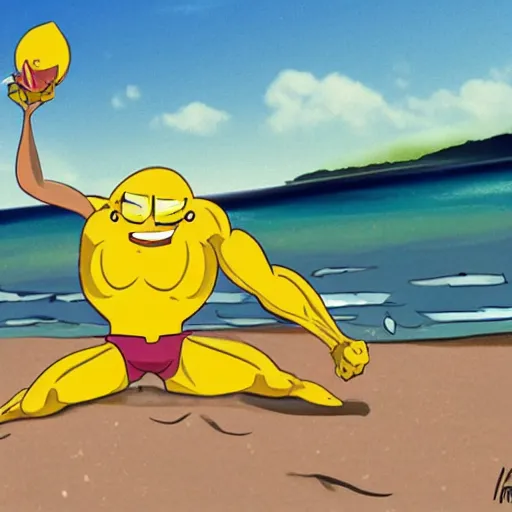 Image similar to a muscular lemon cartoon character, is relaxing on a beach,, inspired by dalle - 2 ai generations