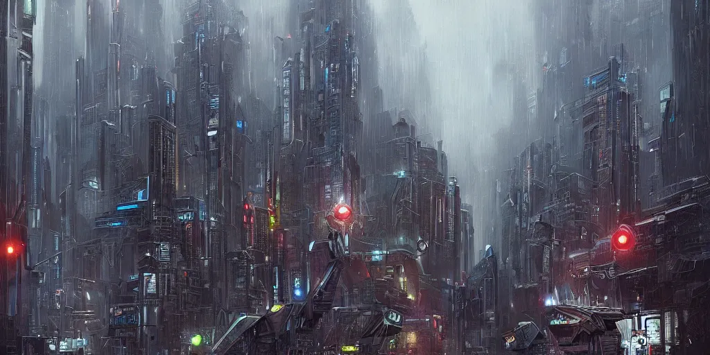 Prompt: rainy futuristic city with police robots, megacity, sci-fi, matte painting, concept art, style by dylan cole, intricate details