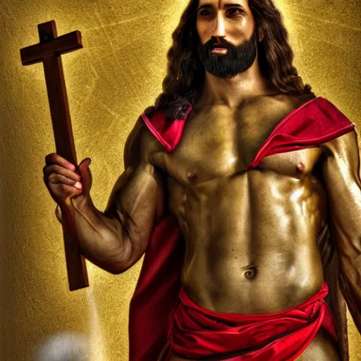 Image similar to bodybuilder jesus christ carrying the cross, high detail, rtx hdr style lube reflection, studio photo,